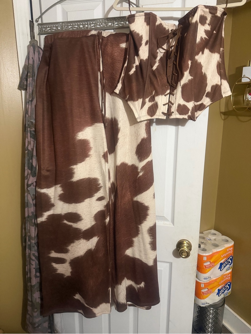 Fashion Nova Brown & Cream Cowprint Corset Top with Wide-Leg Pants